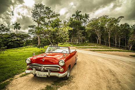 forest, oldtimer, car, cuba, travel, red, old, HD wallpaper HD wallpaper