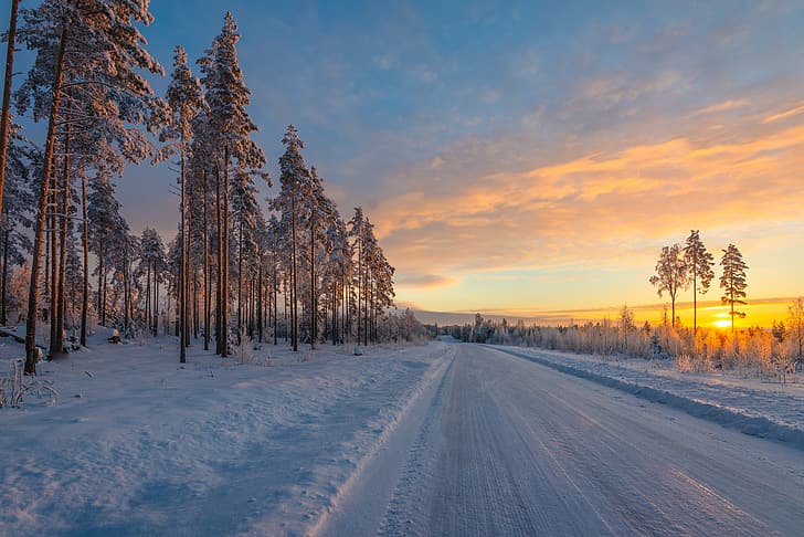 Finlândia, inverno, neve, árvores, pôr do sol, estrada, céu, nuvens, pinheiros, natureza, paisagem, HD papel de parede