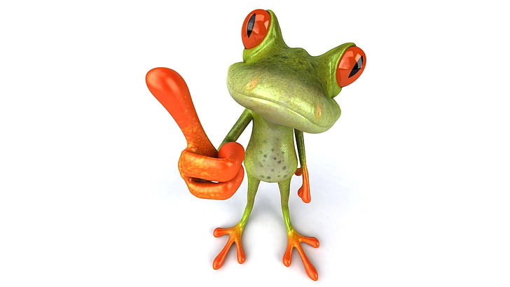 grüner und orange Frosch, digitale Kunst, Tiere, 3D, Finger, weißer Hintergrund, orange Augen, Reflexion, rotäugige Laubfrösche, HD-Hintergrundbild