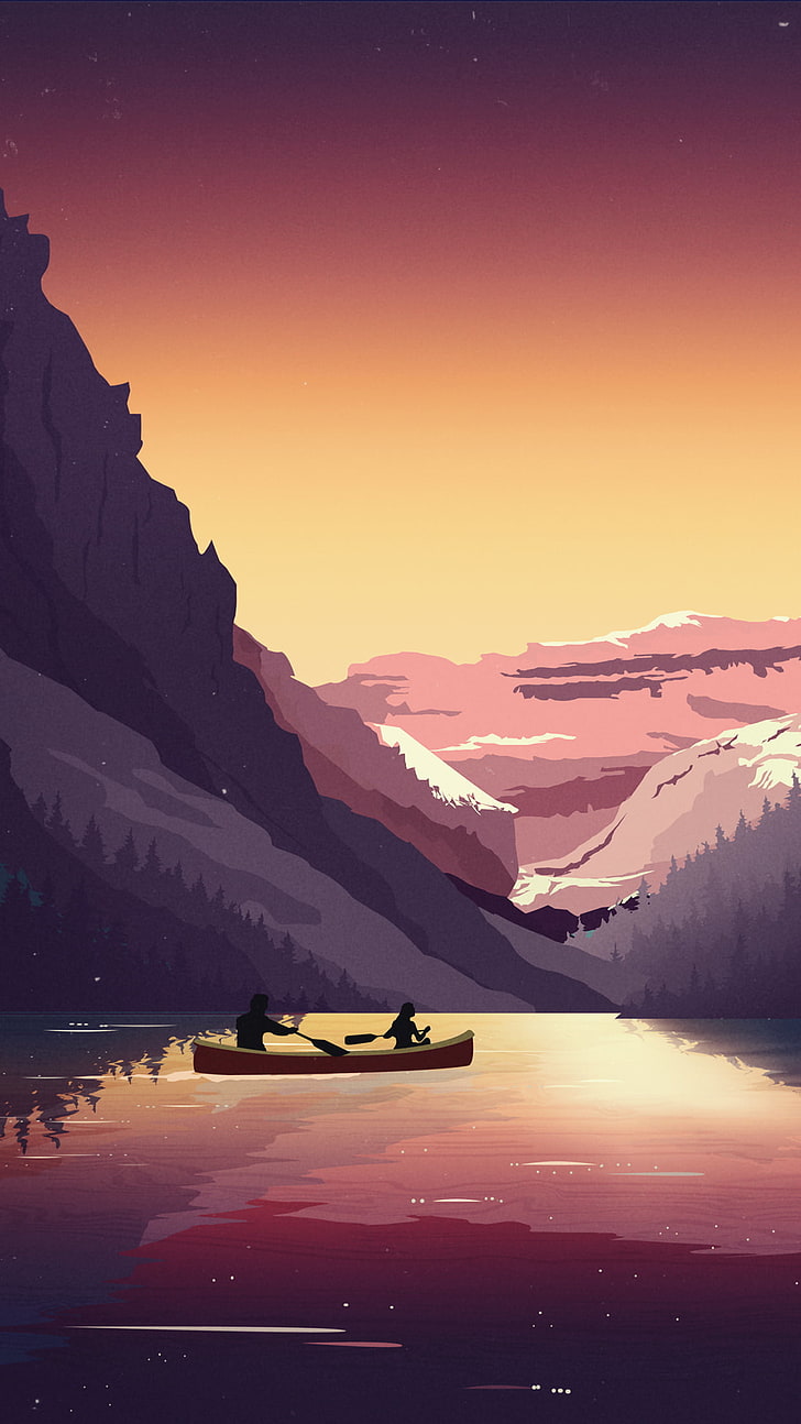 two person riding boat painting, digital art, artwork, portrait display, drawing, nature, landscape, mountains, water, canoes, canoeist, forest, snowy peak, evening, reflection, HD wallpaper