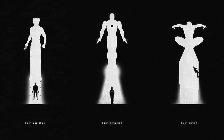 Fond d'écran des Vengeurs, silhouette de trois affiches de superhéros Marvel, bandes dessinées Marvel, Wolverine, Iron Man, Spider-Man, Fond d'écran HD