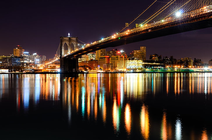 night, lights, reflection, New York, Brooklyn, mirror, Brooklyn bridge, United States, the Hudson river, HD wallpaper