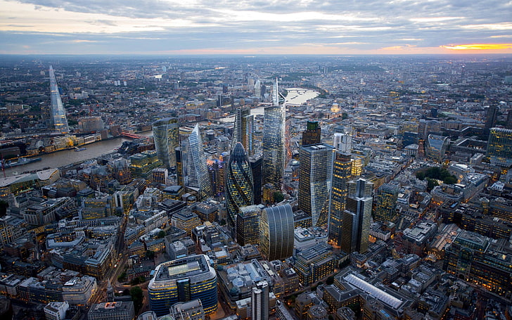 graues Hochhaus, Stadt, Stadtbild, Wolkenkratzer, London, England, Sonnenuntergang, Gebäude, Fluss, Themse, HD-Hintergrundbild
