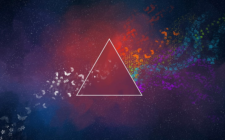 ilustrasi segitiga warna-warni, minimalis, berwarna-warni, segitiga, abstrak, kupu-kupu, Pink Floyd, Sisi Gelap Bulan, seni digital, Wallpaper HD