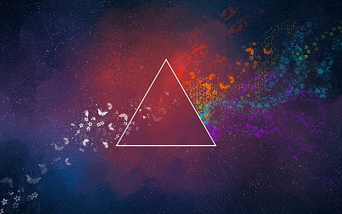 ilustrasi segitiga warna-warni, minimalis, berwarna-warni, segitiga, abstrak, kupu-kupu, Pink Floyd, Sisi Gelap Bulan, seni digital, Wallpaper HD HD wallpaper