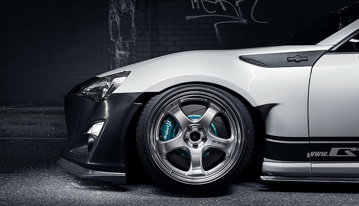 white and black car, Toyota, Toyota GT86, car, Rocket Bunny, Stance, Work Wheels, HD wallpaper