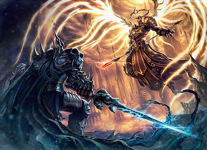 иллюстрация воинов двух игровых персонажей, метель, варкрафт, артас, король-лич, фан-арт, герои бури, империус, HD обои HD wallpaper
