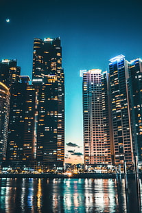 high-rise buildings, skyscrapers, shore, night city, busan, south korea, HD wallpaper HD wallpaper