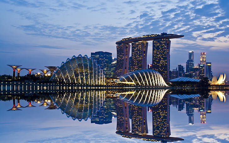 Сингапурские сады у залива Впечатляющие, фон, река, огни города, сингапурские здания, HD обои