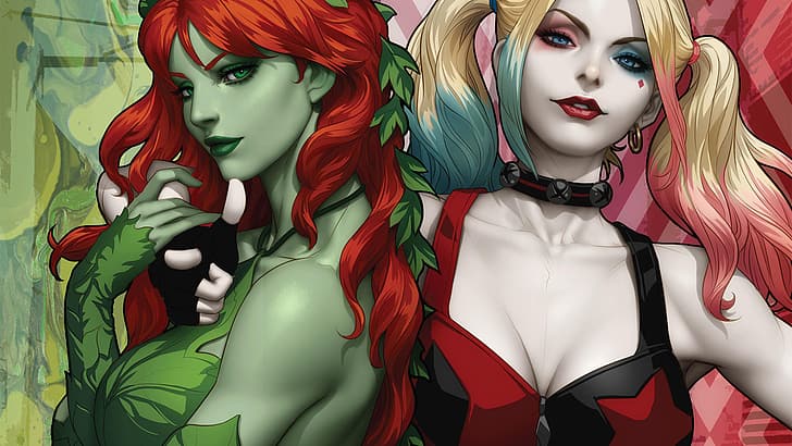 Poison Ivy, Harley Quinn, Artgerm, DC Comics, green, leaves, superheroines, villains, antiheroes, HD wallpaper
