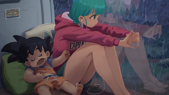 Bola Naga, Son Goku, Bulma, hujan, tidur, Wallpaper HD HD wallpaper