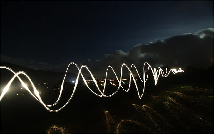 spiral lights time lapse photo, lines, abstract, black, rays, HD wallpaper