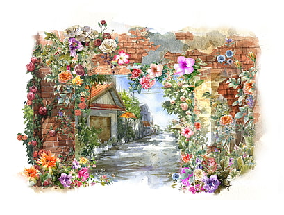 цветя, къща, стена, пролет, акварел, живопис, HD тапет HD wallpaper