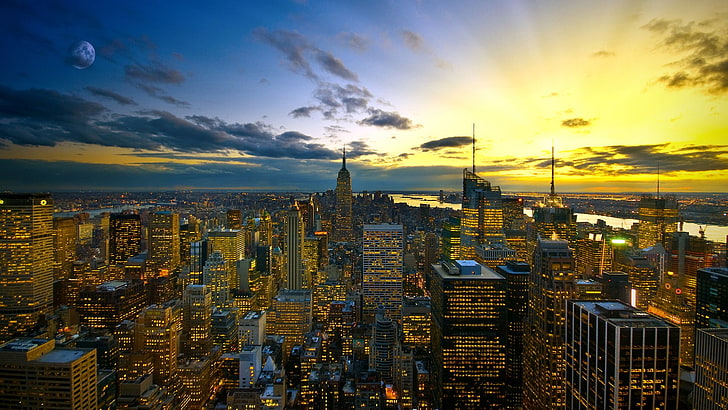 city, urban, New York City, sunset, cityscape, lights, HD wallpaper