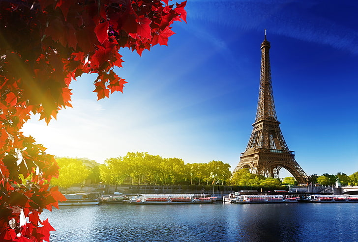 Eiffel Tower, Paris, sunlight, water, trees, river, boat, architecture, leaves, sky, city, building, France, nature, HD wallpaper