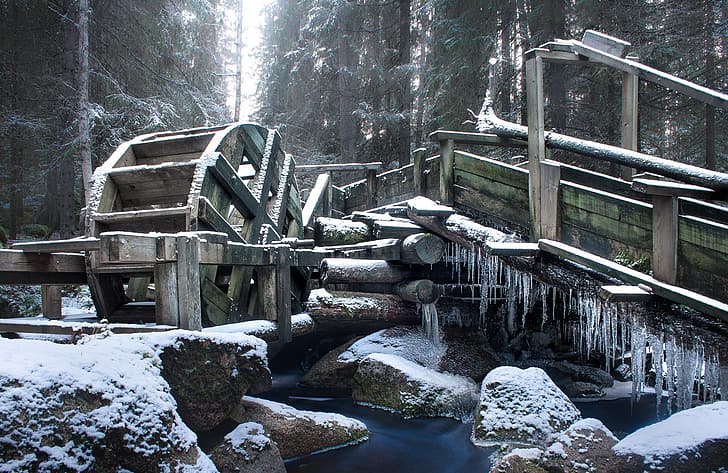 winter, forest, stones, icicles, river, water mill, frozen, HD wallpaper