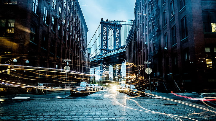 dumbo, brooklyn, most manhattan, długi czas naświetlania, fotografia z długim czasem naświetlania, lekkie ślady, USA, Nowy Jork, Stany Zjednoczone, ulica, most, fotografia, Tapety HD