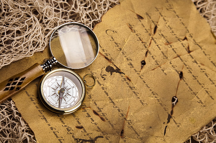 okrągły kompas nawigacyjny i szkło powiększające, list, sieć, lupa, kompas, Tapety HD