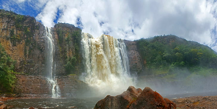 nature landscape canaima national park venezuela waterfall cliff river tropical forest clouds, HD wallpaper