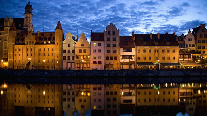 architecture, building, city, clouds, Gdańsk, Lights, night, Poland, reflection, river, Symmetry, water, HD wallpaper