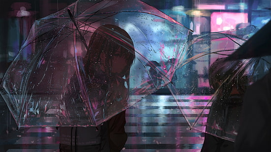 anime art, anime girl, rain, sadness, city, night, rainy, rainy day, rain falls, raining, transparent umbrella, transparent, umbrella, HD wallpaper HD wallpaper