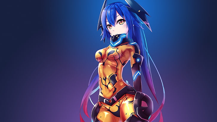 ilustração de personagem de anime de cabelos azuis, anime, meninas anime, Phantasy Star Online 2, bodysuit, cabelos longos, cabelos azuis, olhos amarelos, Quna (Phantasy Star Online 2), HD papel de parede
