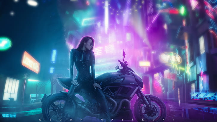Ciencia ficción, ciberpunk, futurista, niña, motocicleta, mujer, Fondo de pantalla HD