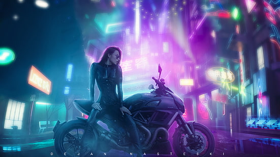 Science-Fiction, Cyberpunk, Futuristisch, Mädchen, Motorrad, Frau, HD-Hintergrundbild HD wallpaper
