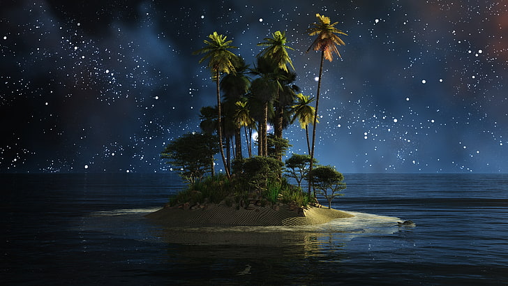 eau, ciel, atmosphère, ténèbres, île, nuit, arbre, nuit étoilée, mer, ciel nocturne, minuit, art fantastique, îlot, Fond d'écran HD