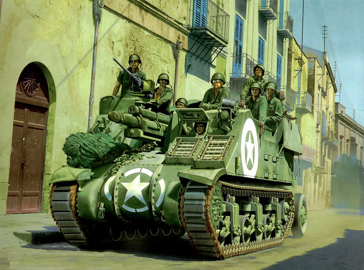 war, art, painting, tank, ww2, M7 Priest, HD wallpaper