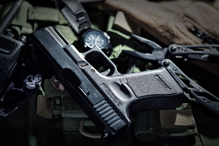 black semi-automatic pistol, gun, watch, blur, camouflage, Glock, equipment, ammunition, bokeh, radio, wallpaper., pliers, HD wallpaper