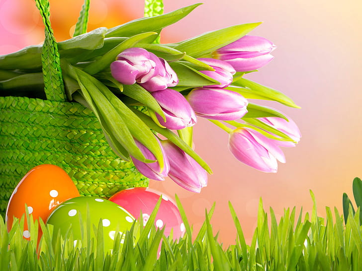 Purple tulips, Easter, spring, basket, eggs, grass, Purple, Tulips, Easter, Spring, Basket, Eggs, Grass, HD wallpaper