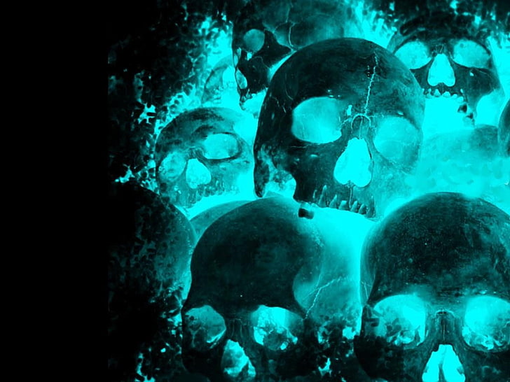 teal skull wallpaper, skull, fire, neon, cyan, black background, dark, turquoise, HD wallpaper