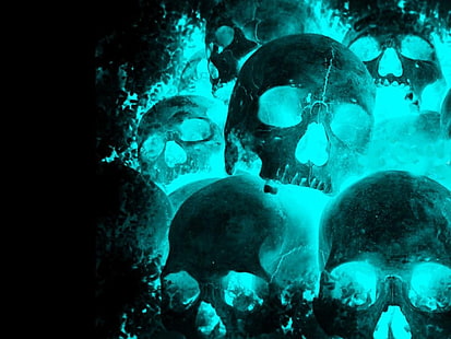 teal skull wallpaper, skull, fire, neon, cyan, black background, dark, turquoise, HD wallpaper HD wallpaper