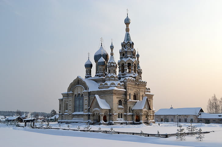 หนาว, ฤดูหนาว, หิมะ, วัด, รัสเซีย, โบสถ์แห่งพระผู้ช่วยให้รอด, แคว้นยาโรสลาฟล์, หมู่บ้านคูโกบอย, วอลล์เปเปอร์ HD
