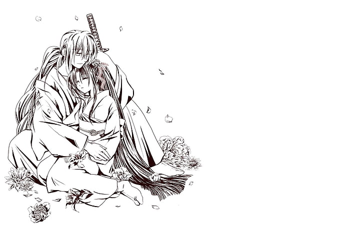 ilustração de personagem de anime, menino, menina, abraço, foto, espada, HD papel de parede
