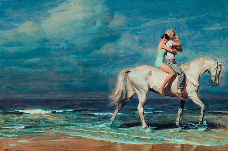 paintings beach shore couple horses horseback riding 3000x1993  Animals Horses HD Art , beach, paintings, HD wallpaper