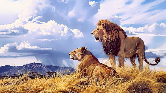 zwei braune löwen, löwe, katzenartig, grafik, landschaft, tiere, berge, wolken, himmel, HD-Hintergrundbild HD wallpaper
