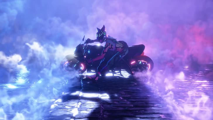 Хан Джури, Street Fighter, мотоцикл, шлем с рогом, фиолетовый фон, синий фон, HD обои