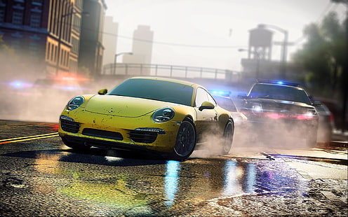 Жажда скорости, Need for Speed: Most Wanted (видеоигра 2012), Porsche 911 Carrera S, Porsche, видеоигры, Porsche 911, желтые машины, HD обои HD wallpaper