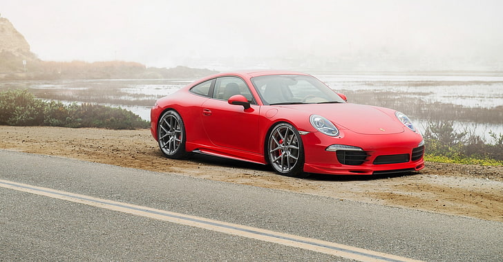 red Porsche coupe, porsche, 911, carrera 4s, red, side view, HD wallpaper
