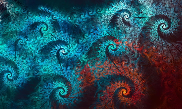 blue and red floral textile, abstract, patterns, spiral, HD wallpaper
