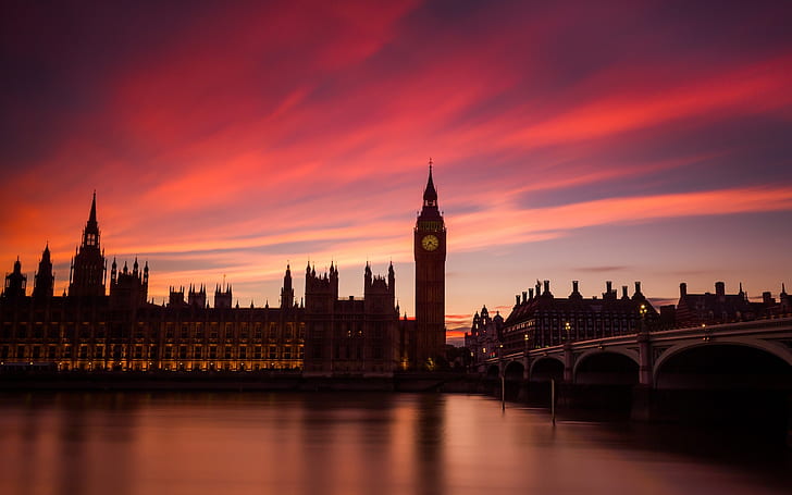 Londres, Angleterre, Tamise, pont, maisons, lumières, coucher de soleil, Londres, Angleterre, Tamise, rivière, pont, maisons, lumières, coucher de soleil, Fond d'écran HD