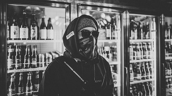 men's pullover hoodie, gangster, beer, sunglasses, mask, monochrome, HD wallpaper HD wallpaper