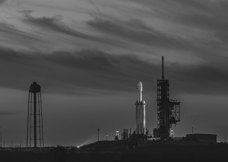 космический челнок, монохромный, запуск, SpaceX, Falcon Heavy, HD обои