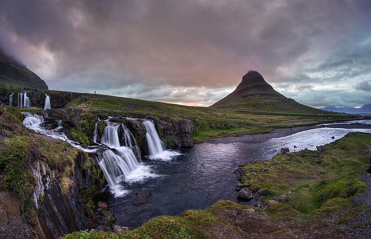 time lapse photography of falls near green grasses and mountains under gray clouds, Midnight, sunset, time lapse photography, falls, green, grasses, mountains, gray, clouds, Grundarfjörður, Grundarfjordur, Iceland, waterfall, sky, landscape, shore, dusk, cloud, blue hour, water, reflection, Sony A7, A7 II, ILCE-7M2, full  frame, RAW, Photomatix, Quality, HDR Photography, Kirkjufell, mountain, hill, Samyang, F2.8, ultra, fisheye lens, Rokinon, nature, scenics, outdoors, river, travel, famous Place, HD wallpaper