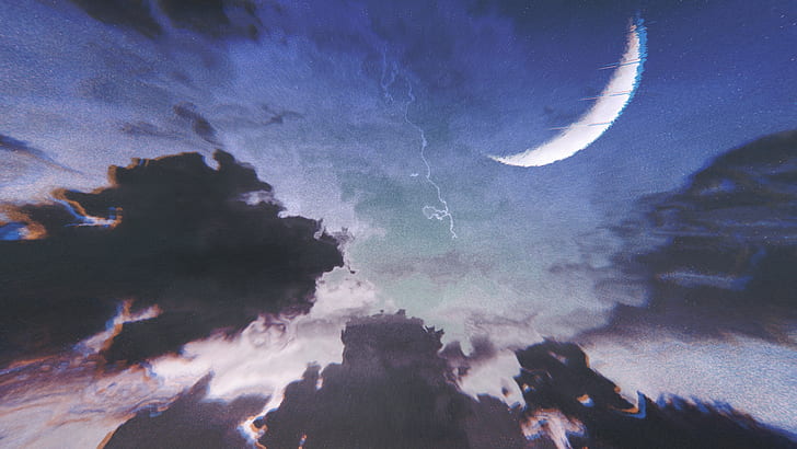 Moon, glitch art, clouds, digital art, chromatic aberration, HD wallpaper
