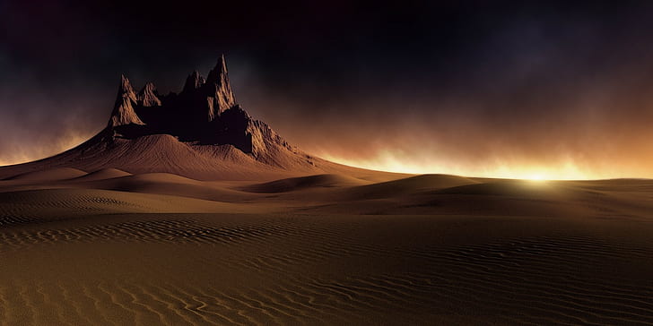 landscape, nature, desert, dune, mountains, sunlight, dark, clouds, sunset, wind, sand, HD wallpaper