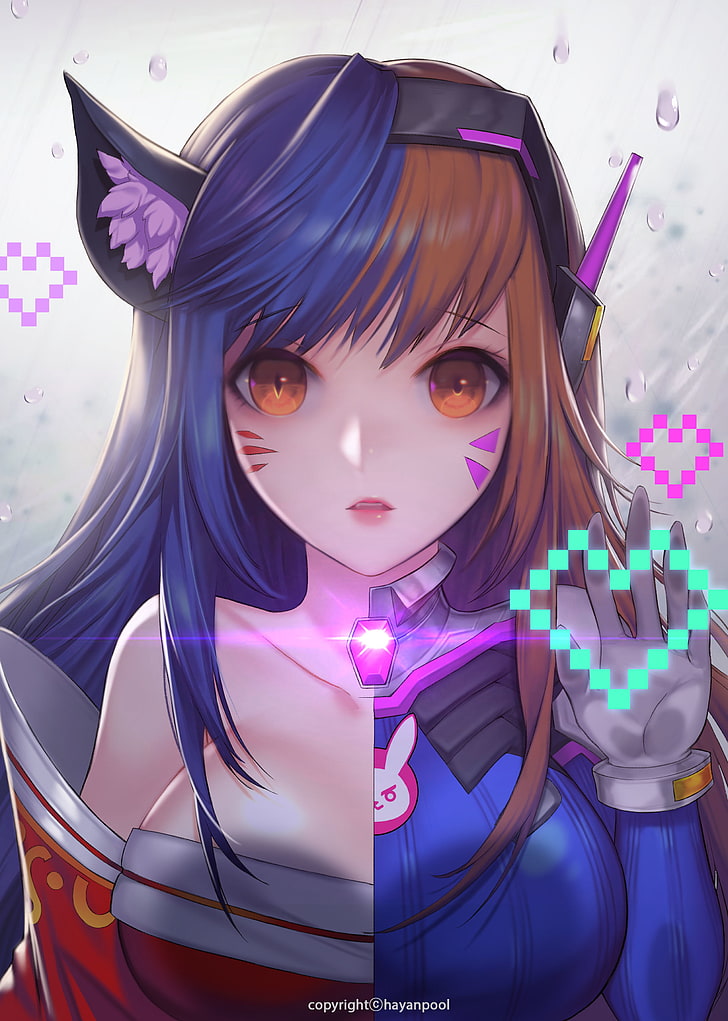 woman in red and blue top character, League of Legends, Ahri (League of Legends), Overwatch, D.Va (Overwatch), video games, portrait display, cat ears, HD wallpaper