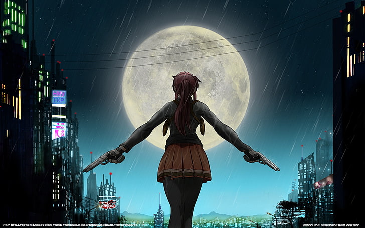 weiblicher Animecharakter, der Illustration mit zwei Pistolen, schwarze Lagune, Revy, Anime, Mond hält, HD-Hintergrundbild